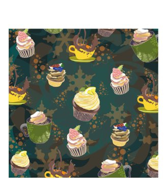 Teal tatil illüstrasyonunda kahve ve kek var. 