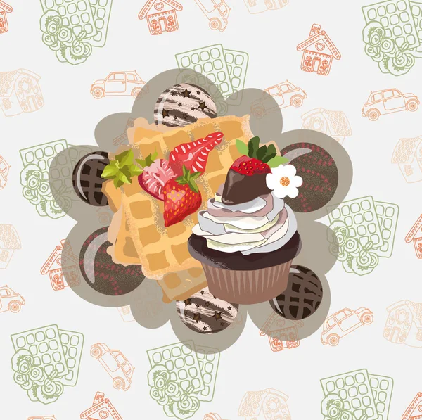 Vector Illustration Cupcake Waffles Beige Background — Stock Vector