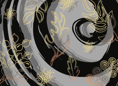 Gri arkaplanda altın desenler var.