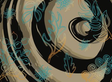 Bej ve siyah arkaplanda mavi çiçek desenleri var.