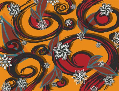 Kırmızı lianalı, çiçekli ve turuncu arkaplanlı üç boyutlu illüstrasyon.