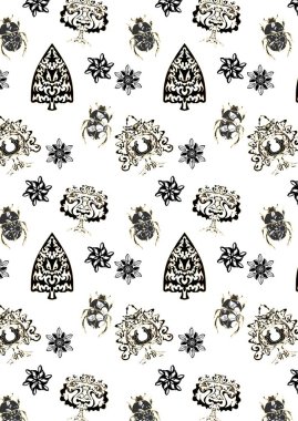 Siyah süslemeli kusursuz desen ve altın çizgili böcekler.