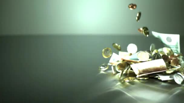 Euro coins and notes falling down - Slow Motion — Stock Video