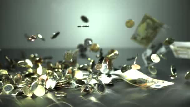 Euro coins and notes falling down - Slow Motion — Stock Video