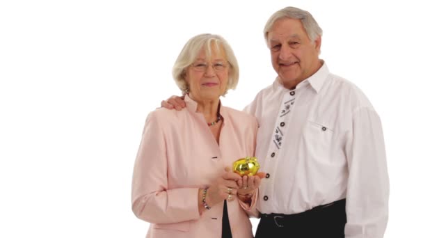 Paar van senior citizen met spaarpot. — Stockvideo