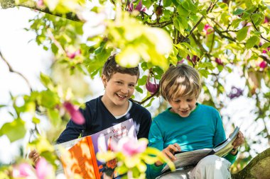 Ağacın üzerinde oturan iki çocuk