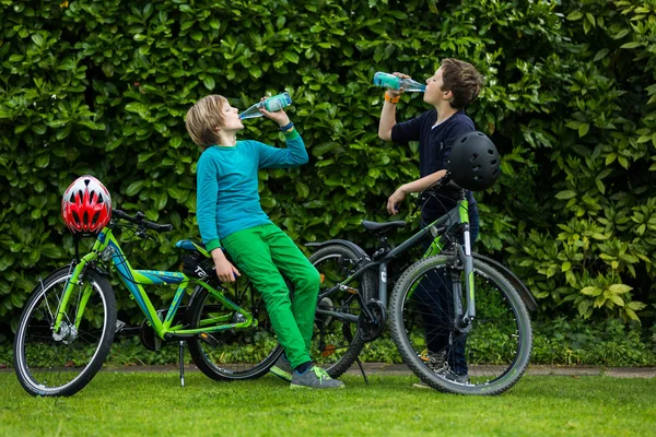 Twee jongens in een tuin met fietsen Stockfoto