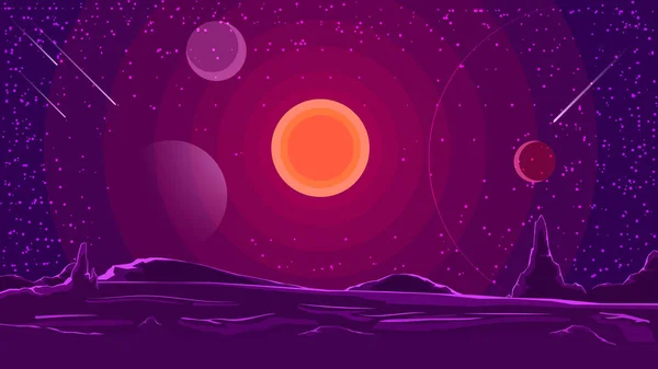 Space landscape with sunset on purple sky, nature on another planet. Vector illustration.