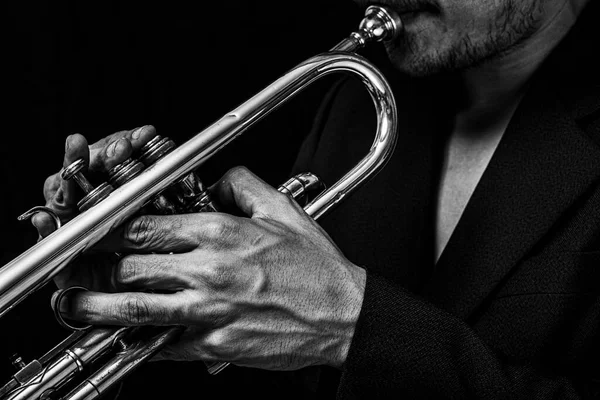 Närbild Klassiska Musikaliska Trumpet Symfoni Band Svart Och Vitt — Stockfoto