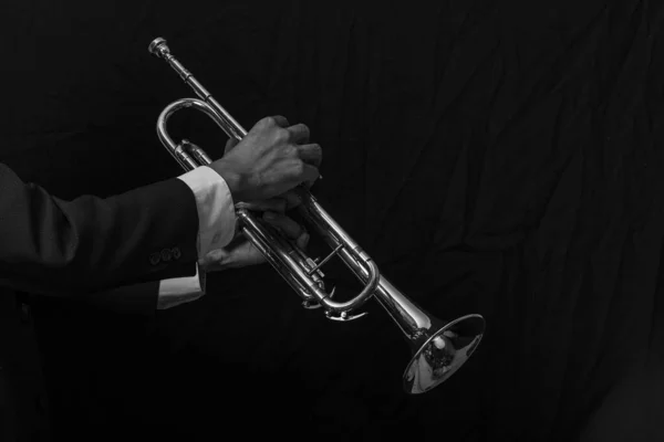 Närbild Klassiska Musikaliska Trumpet Symfoni Band Svart Och Vitt — Stockfoto