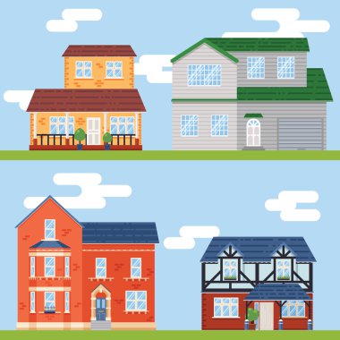 Retro düz ev simgeleri ve simge vektör ayarla