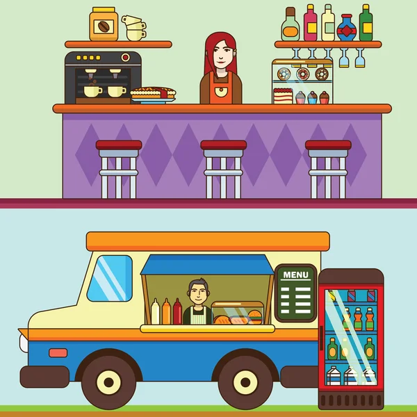 Food truck, cafe car on the street, Bakery and coffee shop. Cafe interior. — Stock Vector