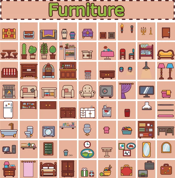 Conjunto de muebles para habitaciones de casa. Objetos del juego — Vector de stock