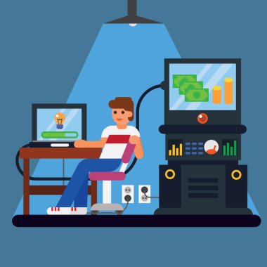 Bilgisayar - para ve ekrandan görünen düşünce ile genç adam