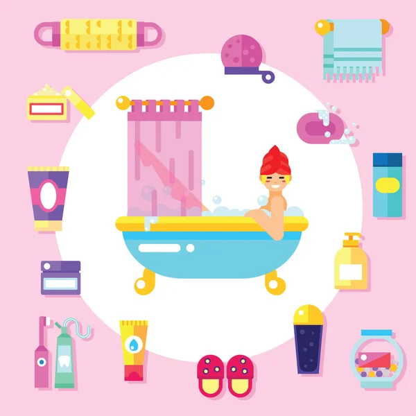 Bath supplies, hygiene accessories, cosmetics etc with smiling girl takes a bubble bath. Flat design vector icons set. — Stock Vector