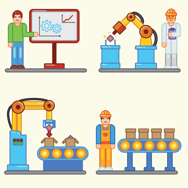 Płaskie ilustracje informacji graficzny Fabryka produkcji proces produkcji — Wektor stockowy