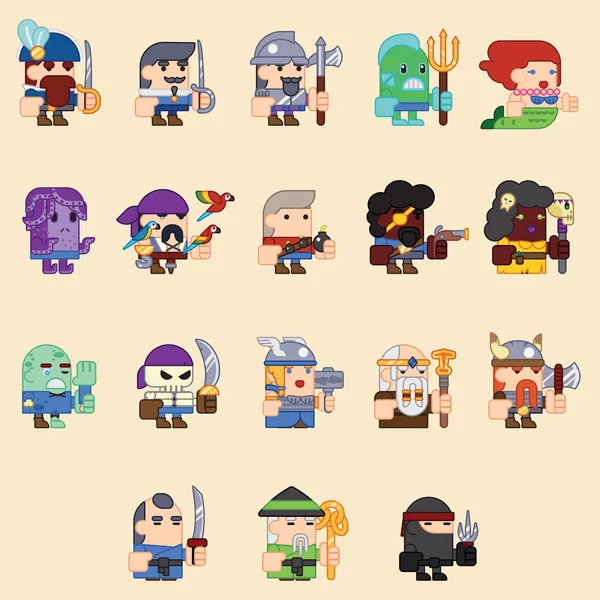 Différents personnages pour le jeu zombi, squelette, guerriers, monstres, mages. Des sprites. Illustrations vectorielles plates . — Image vectorielle