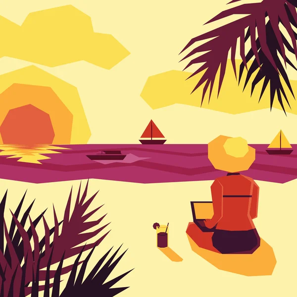 Vrouw met laptop op strand — Stockvector