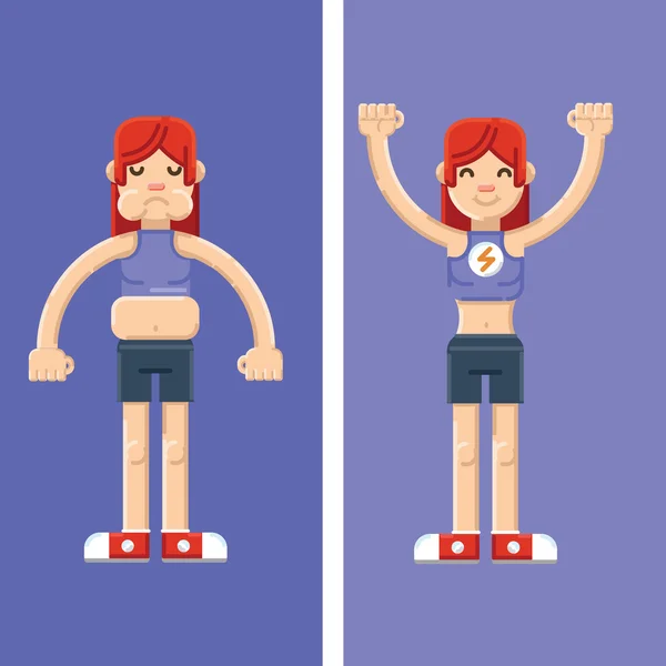Kvinnan före och efter träning esp10 — Stock vektor