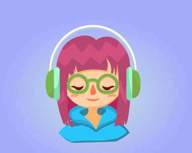 Gözlüklü şirin mutlu kız müzik dinliyor. Vektör karikatür çizim. 