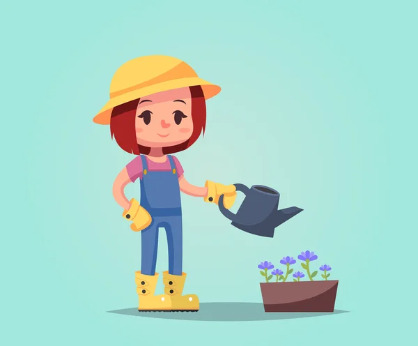 Fille femme heureux dessinateur jardinier avec arrosage peut fleur pot vecteur illustration — Image vectorielle