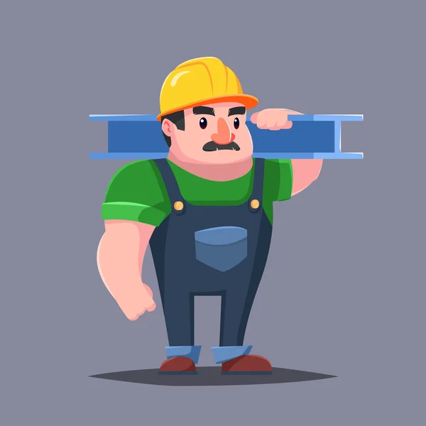 Le constructeur en casque dur avec les muscles. Moustache d'homme fort. Caractère de bande dessinée — Image vectorielle