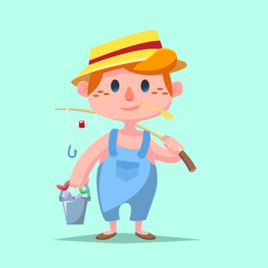 Sevimli catroon çocuk vektör çizim Balık tutma