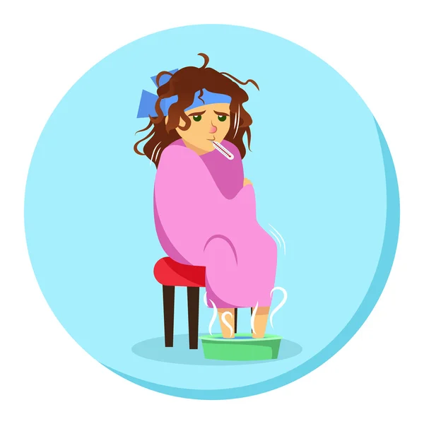 Мультяшная женщина в одеяле чувствует себя плохо с термометром во рту — стоковый вектор