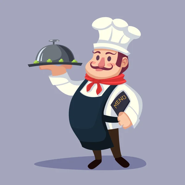 Engraçado bonito gordura desenho animado Chefe cozinhar personagem com prato delicioso — Vetor de Stock