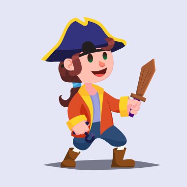 Komik sevimli çizgi çocuk korsan çocuk tahta kılıcı ile.