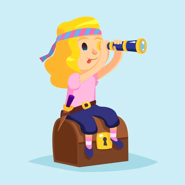 Funny cute cartoon little pirate girl with Spyglass and treasure chest — Stock Vector