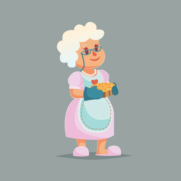 Schattige oma in glazen houden van taart. Grappige cartoon vectorillustratie — Stockvector