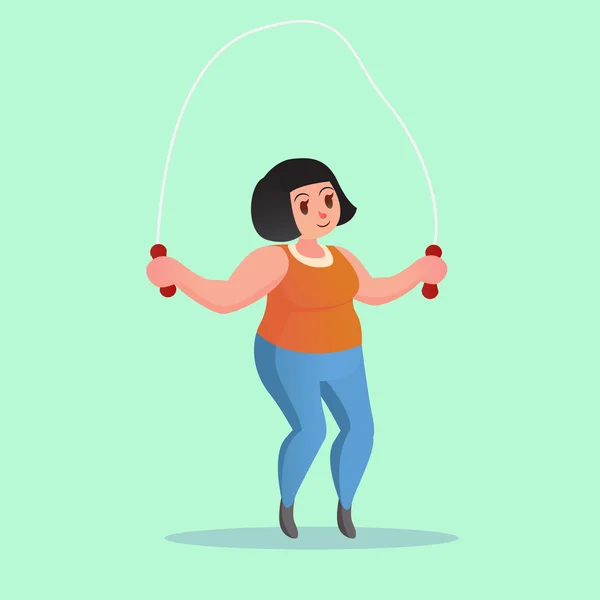 Obez genç kadın ip atlama egzersiz komik karikatür vektör çizim — Stok Vektör
