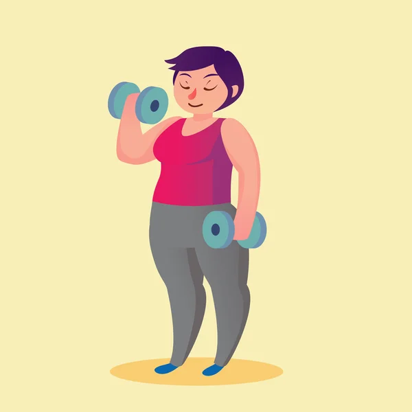 Giovane donna obesa con manubri Divertente cartone animato vettoriale illustrazione — Vettoriale Stock
