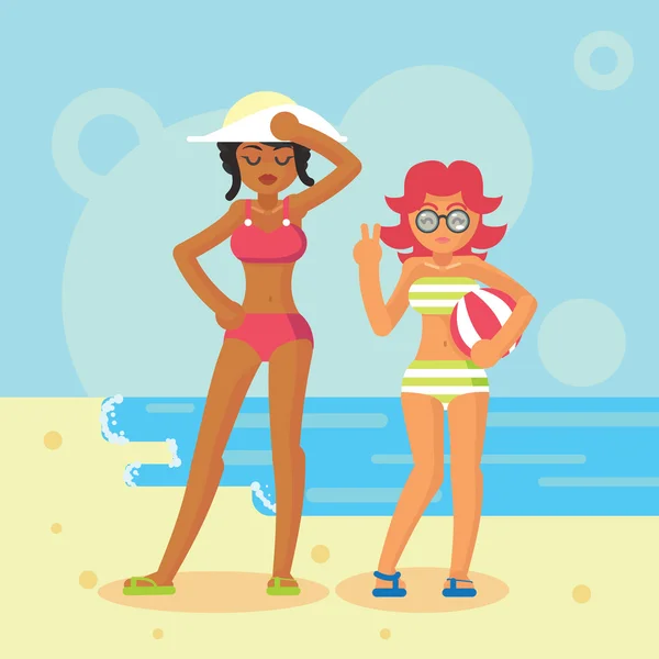 Duas meninas no projeto da praia ilustração plana engraçada do vetor dos desenhos animados — Vetor de Stock