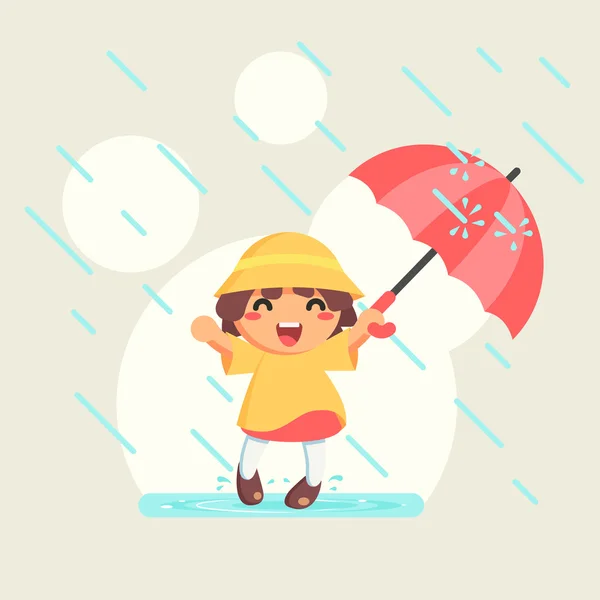 Happy cute Girl in raincoat with umbrella in autumn rainy season, vector illustration — Stock Vector