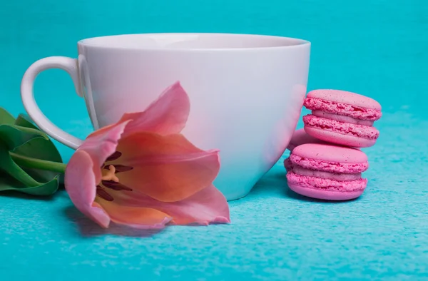 Ροζ tulip, ένα φλιτζάνι καφέ και τρεις ροζ macaroons — Φωτογραφία Αρχείου