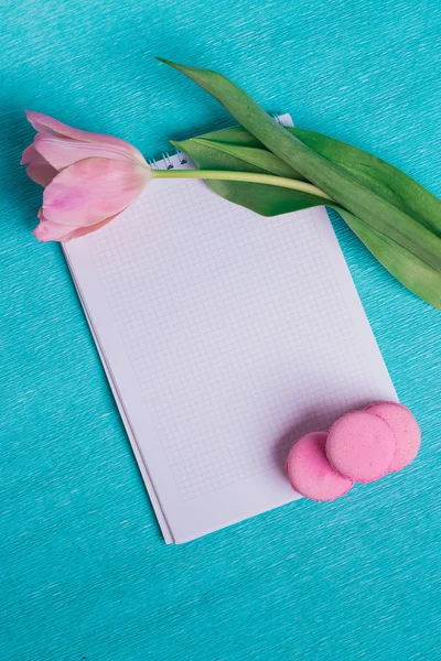 Tulipanes rosados y tres macarrones rosados, cuaderno — Foto de Stock