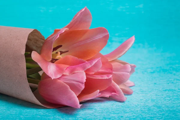 Tres tulipanes rosados sobre fondo azul — Foto de Stock