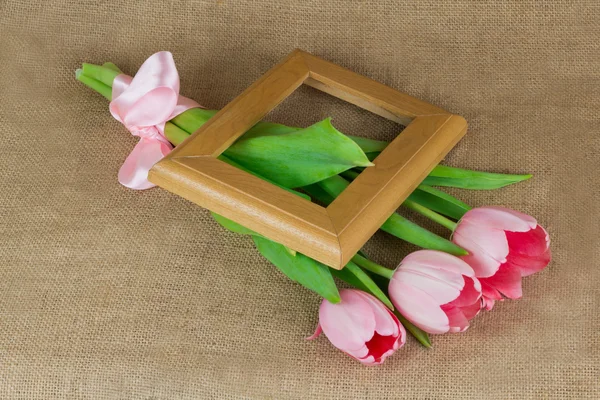 Tres tulipanes rosados con cinta de satén y marco de madera — Foto de Stock