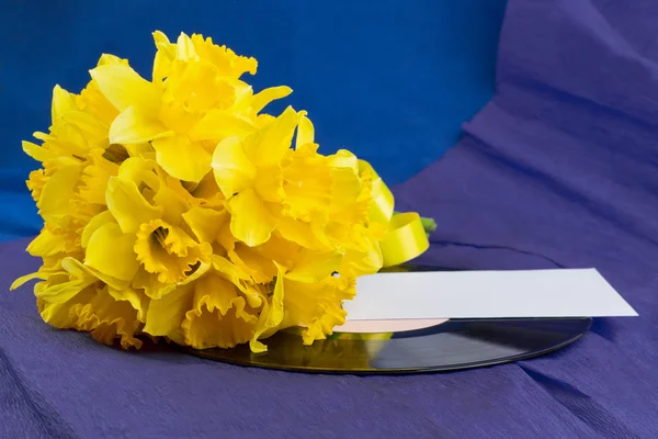 Flores de narciso, envelope no fundo com registro de vinil — Fotografia de Stock