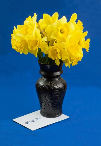 Eimer mit Narzissenblüten in der Vase, Umschlag auf blauem Hintergrund — Stockfoto