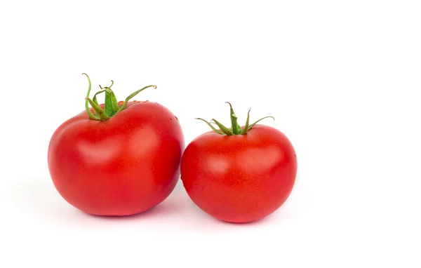 Pomodori freschi con foglie verdi isolate su fondo bianco — Foto Stock