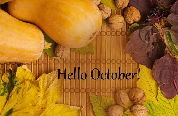 Words hello october on rustic background — Stock Photo, Image