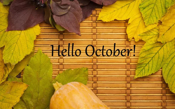 Words hello october on rustic background — Stock Photo, Image