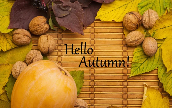 Words hello autumn on rustic background — Stock Photo, Image