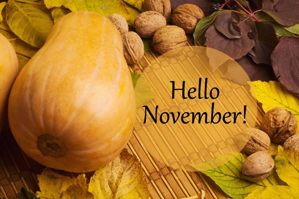 Words hello november on rustic background — Stock Photo, Image