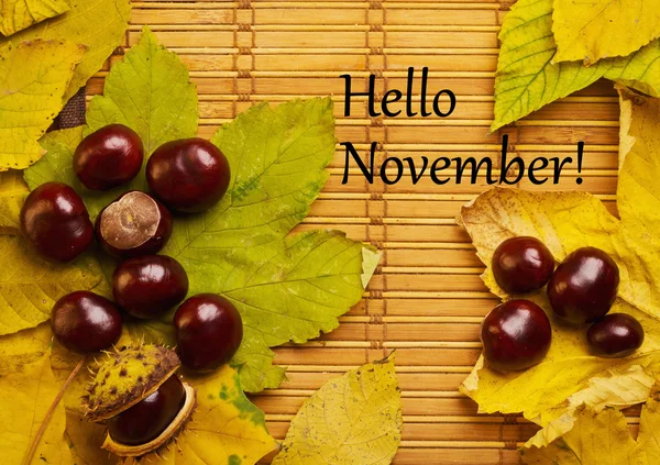 Texten Hej november på rustika bakgrund — Stockfoto
