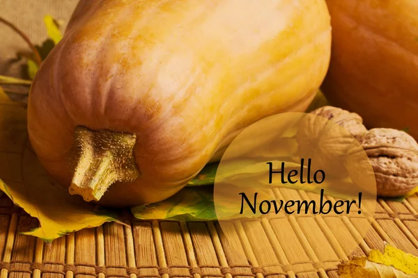 Słowa Witam listopada na tle rustykalnym — Zdjęcie stockowe