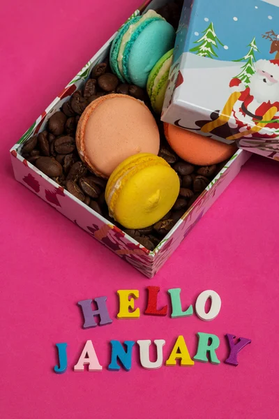 Tag hello january, macaroons with coffee beans